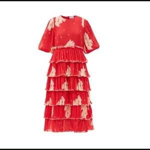 Ganni Tiered floral print pleated georgette midi dress RED 38 EUC